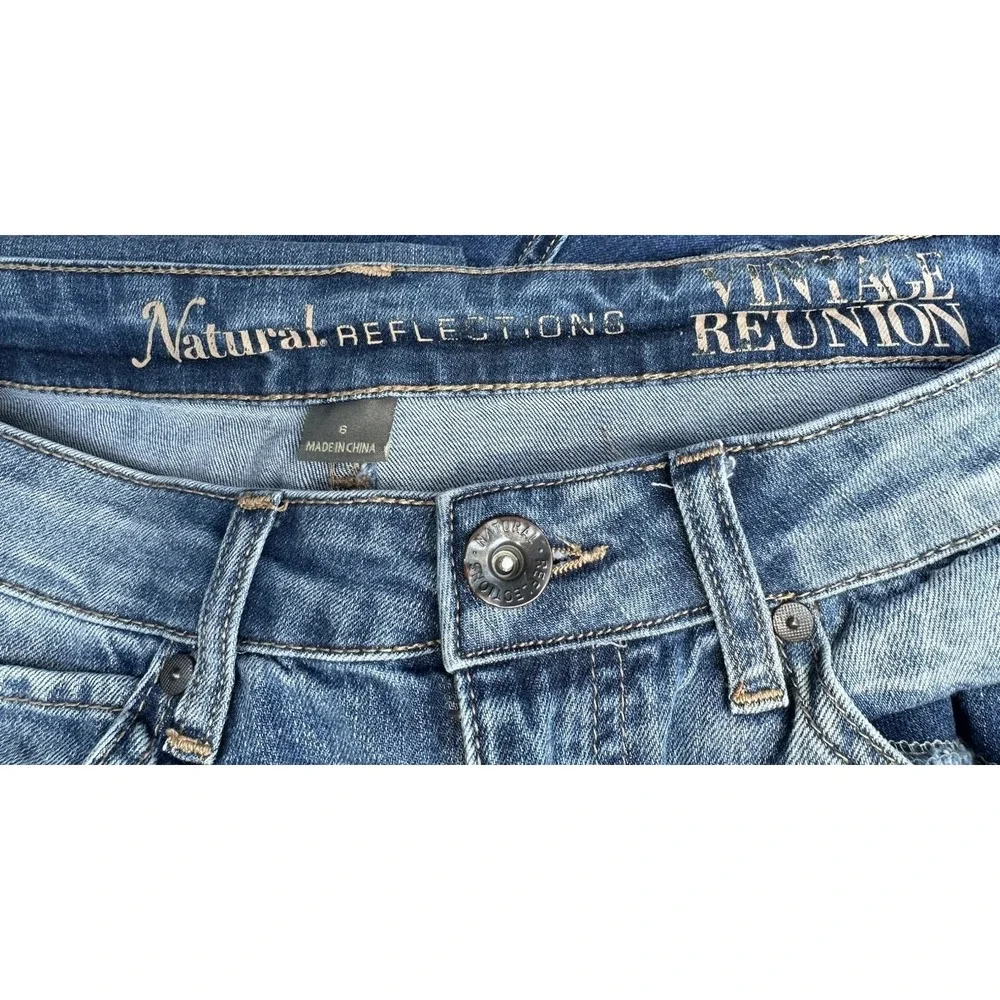 Natural Reflections Distressed Plaid Patch Boyfriend Jeans Blue Medium Wash 8